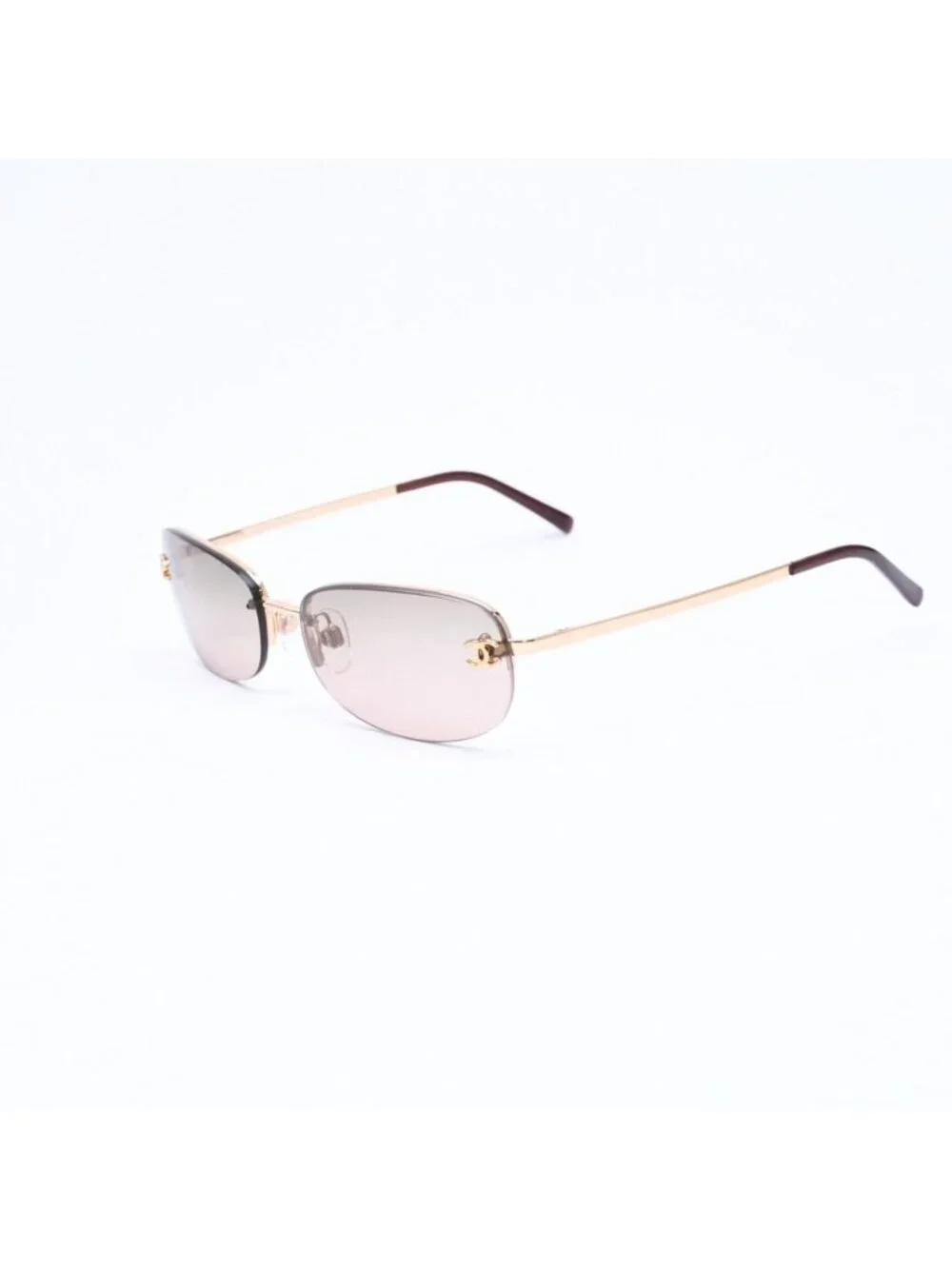 Chanel Rimless Sunglasses Side CC Logo Metal Brown Gold Eyewear
